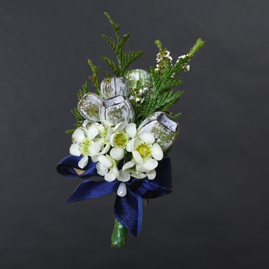 Boutonniere With Tetra Nuts + Gypsophila + Greenery + Ribbon Bow