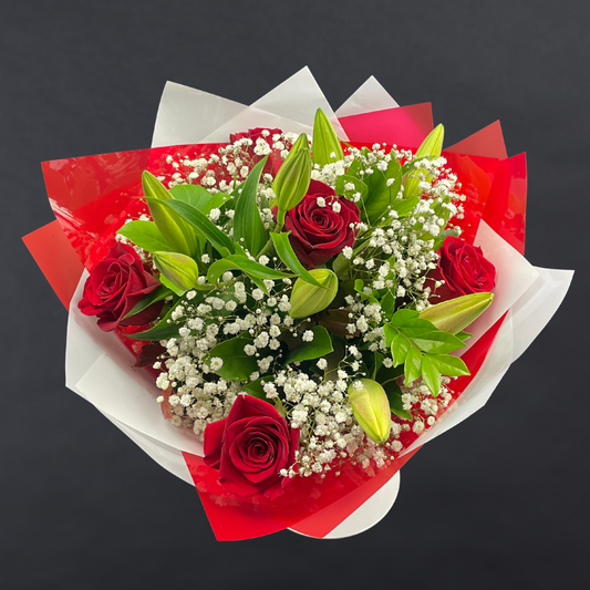 Elegant Columbia Roses With Oriental Lilies Collection- RED - 5 STEMS