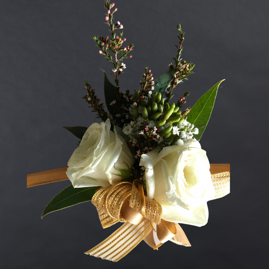 Corsage With White Premium Mini Roses + Gypsophila + Filler + Gold