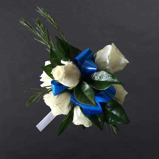 Corsage With White Premium Mini Roses + Filler + Greenery + Blue