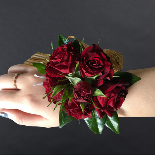 Corsage With Red Premium Mini Roses + Gypsophila + Greenery