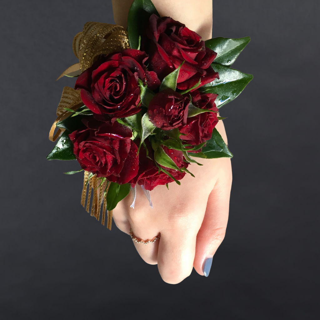 Corsage With Red Premium Mini Roses + Gypsophila + Greenery