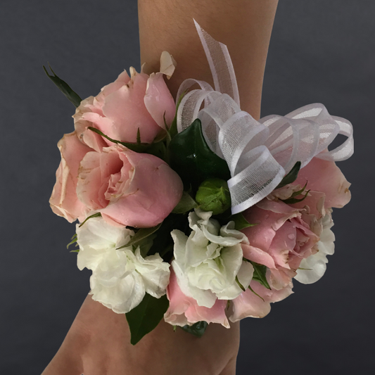 Corsage With Pink & White Premium Mini Roses + Gypsophila + Greenery + Ribbon Bow