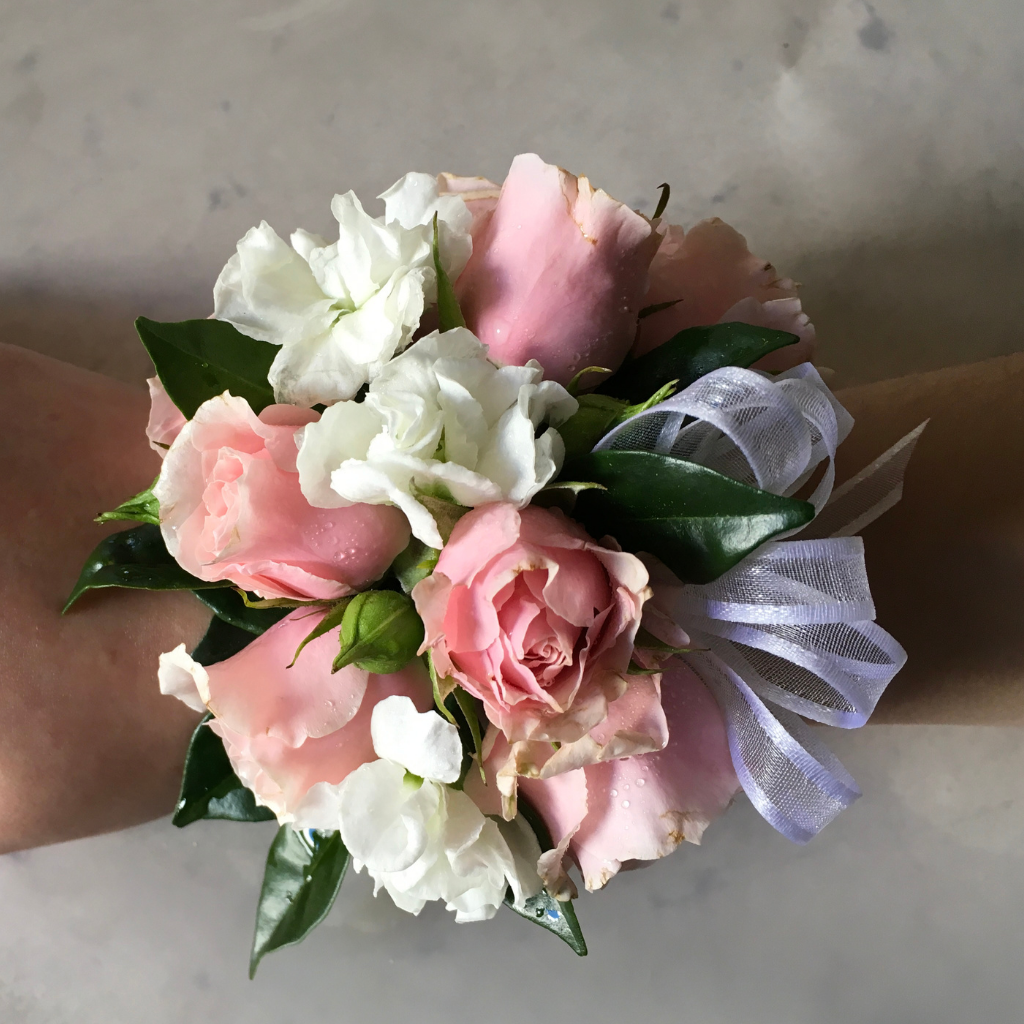 Corsage With Pink & White Premium Mini Roses + Gypsophila + Greenery + Ribbon Bow