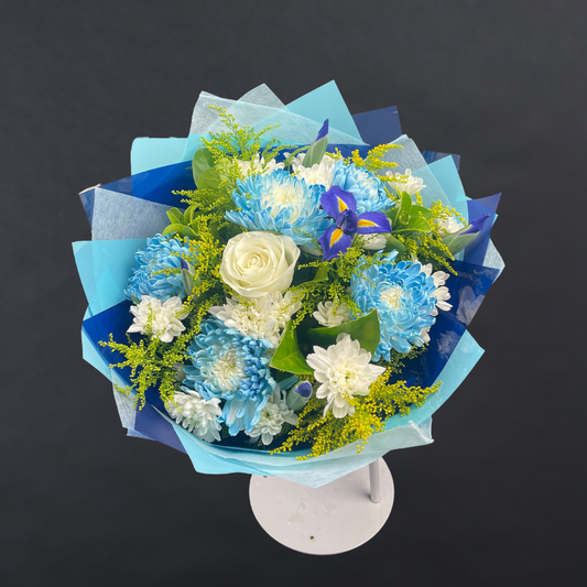 Blue Horizon Bouquet With Dyed Disbuds, Iris, Rose and Golden Rod