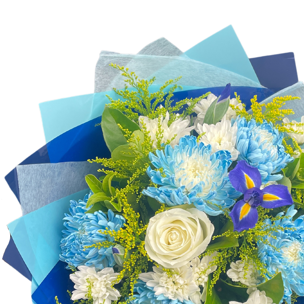 Blue Horizon Bouquet With Dyed Disbuds, Iris, Rose and Golden Rod
