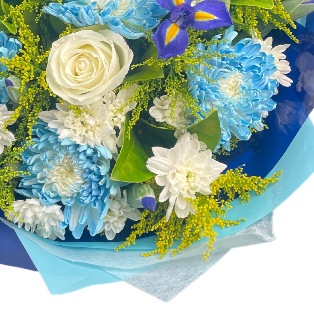 Blue Horizon Bouquet With Dyed Disbuds, Iris, Rose and Golden Rod