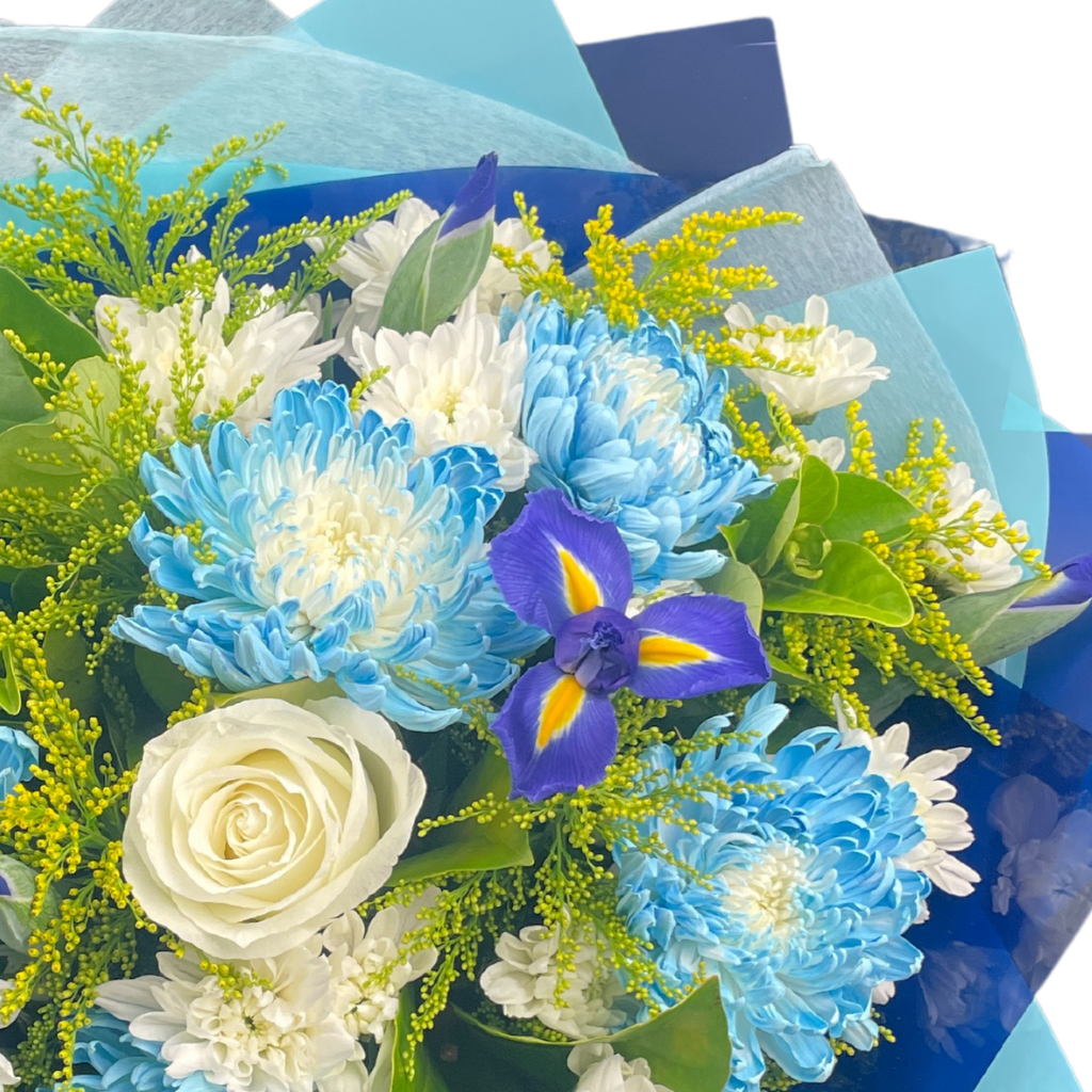 Blue Horizon Bouquet With Dyed Disbuds, Iris, Rose and Golden Rod