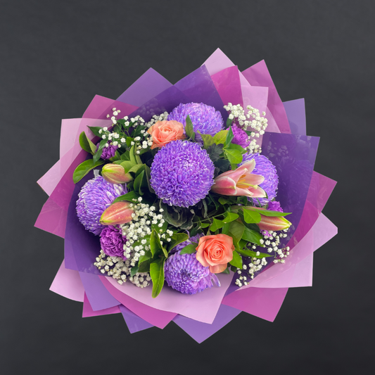 Blushing Signature With Pompom Disbuds and Roses - Purple