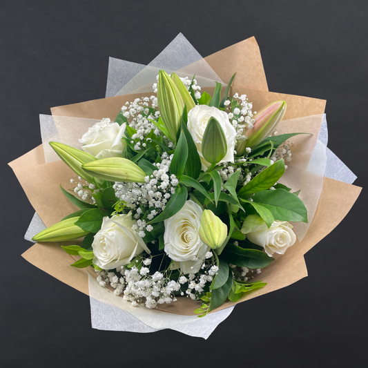 Elegant Columbia Roses With Oriental Lilies Collection- WHITE - 5 STEMS