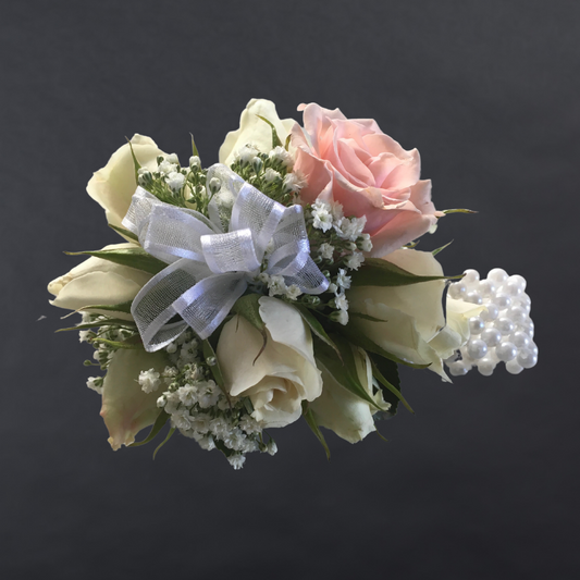 Corsage With Pink & White Premium Mini Roses + Gypsophila + Greenery