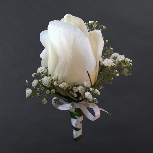 Boutonniere With Single Rose + Gypsophila + Greenery