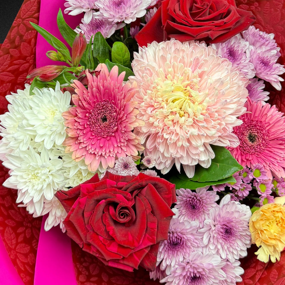 Close-up of premium bright roses, chrysanthemums, and carnations with pittosporum foliage in The Mum's Embrace Bouquet for Mother's Day.