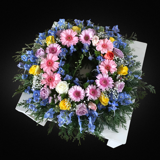 Handmade Chrysanthemum, Rose & Delphinium Wreath - Mixed Brights | FLOWER SHED Brisbane