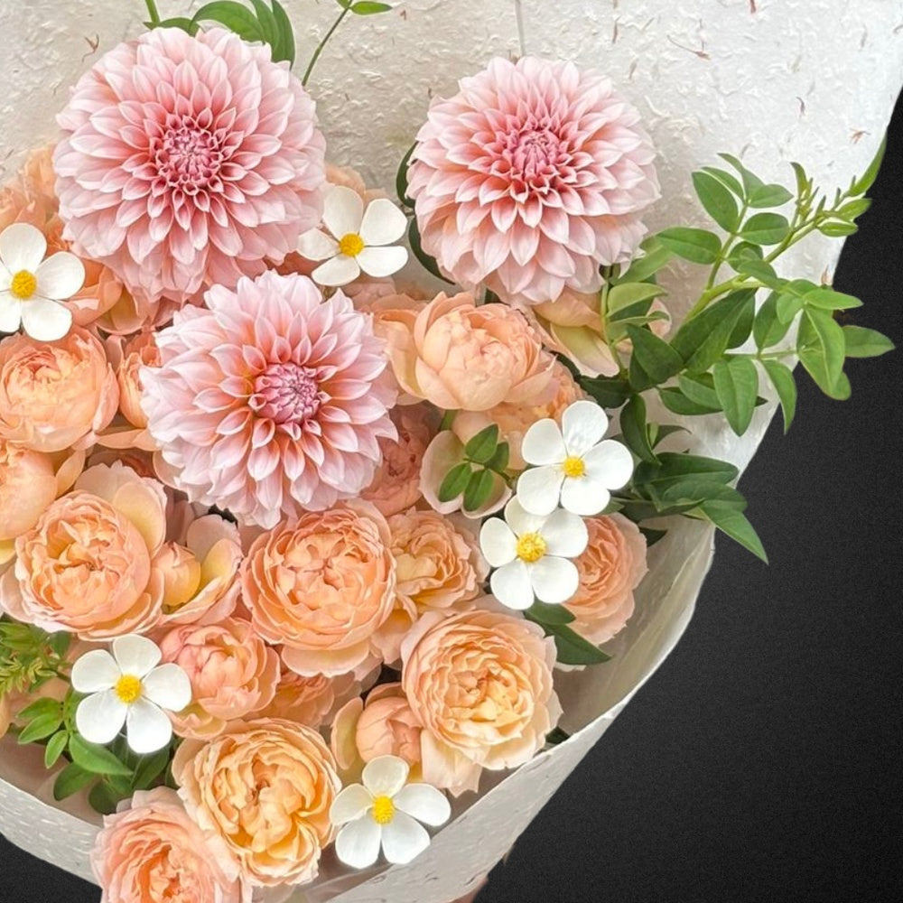 Dahlia & Rose Mixed Pastels Bouquet - Vase Included