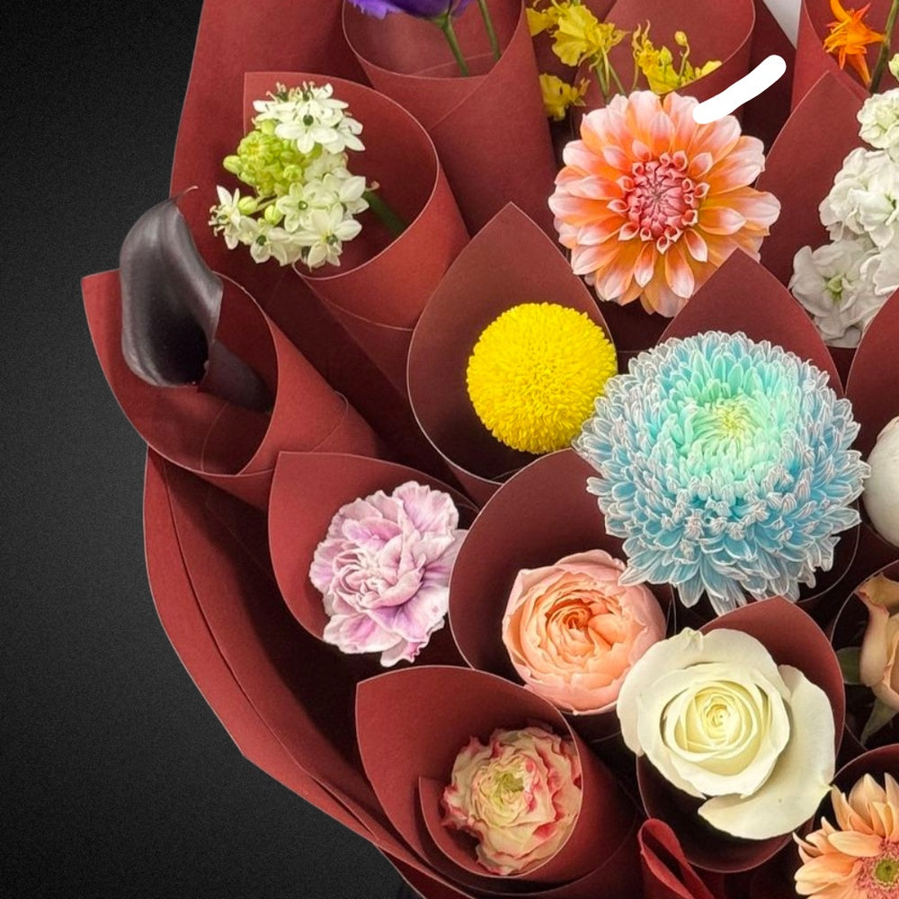 Dahlia & Rose & Chrysanthemum Bouquet - Vase Included - Mixed Brights