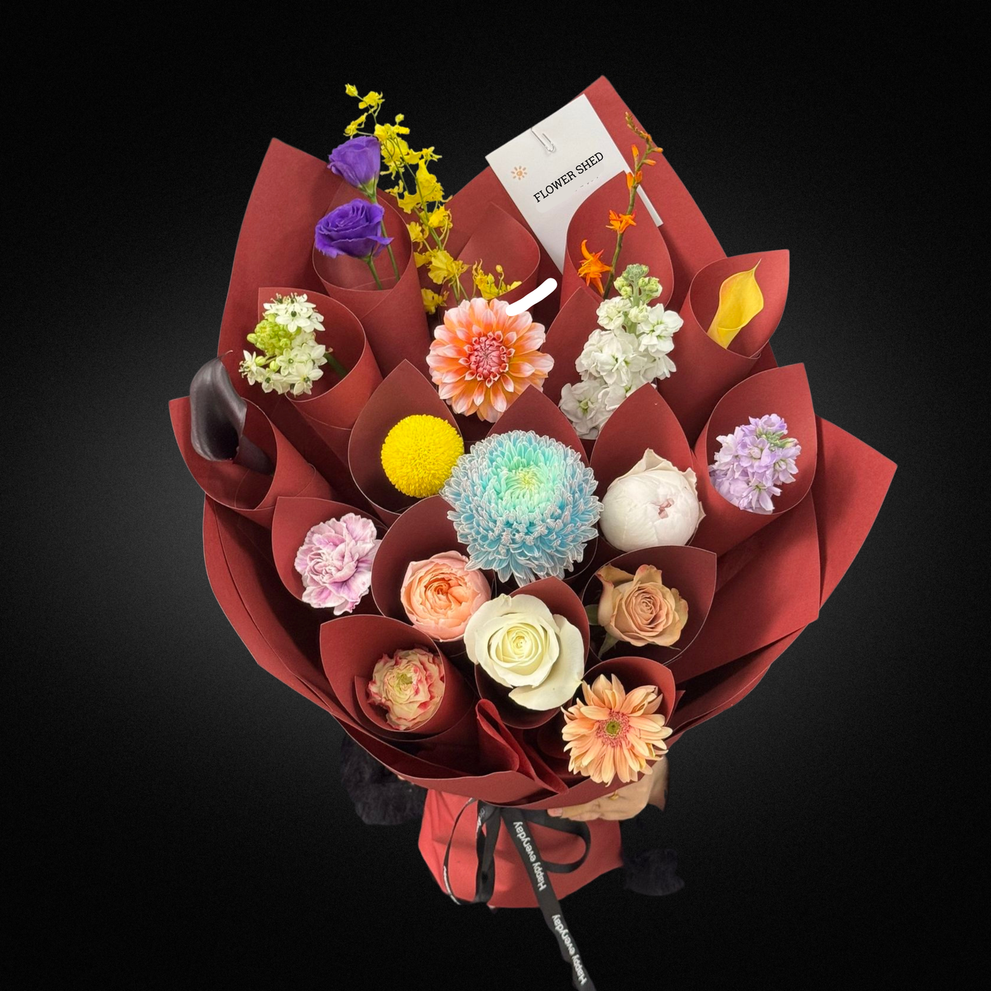 Dahlia & Rose & Chrysanthemum Bouquet - Vase Included - Mixed Brights