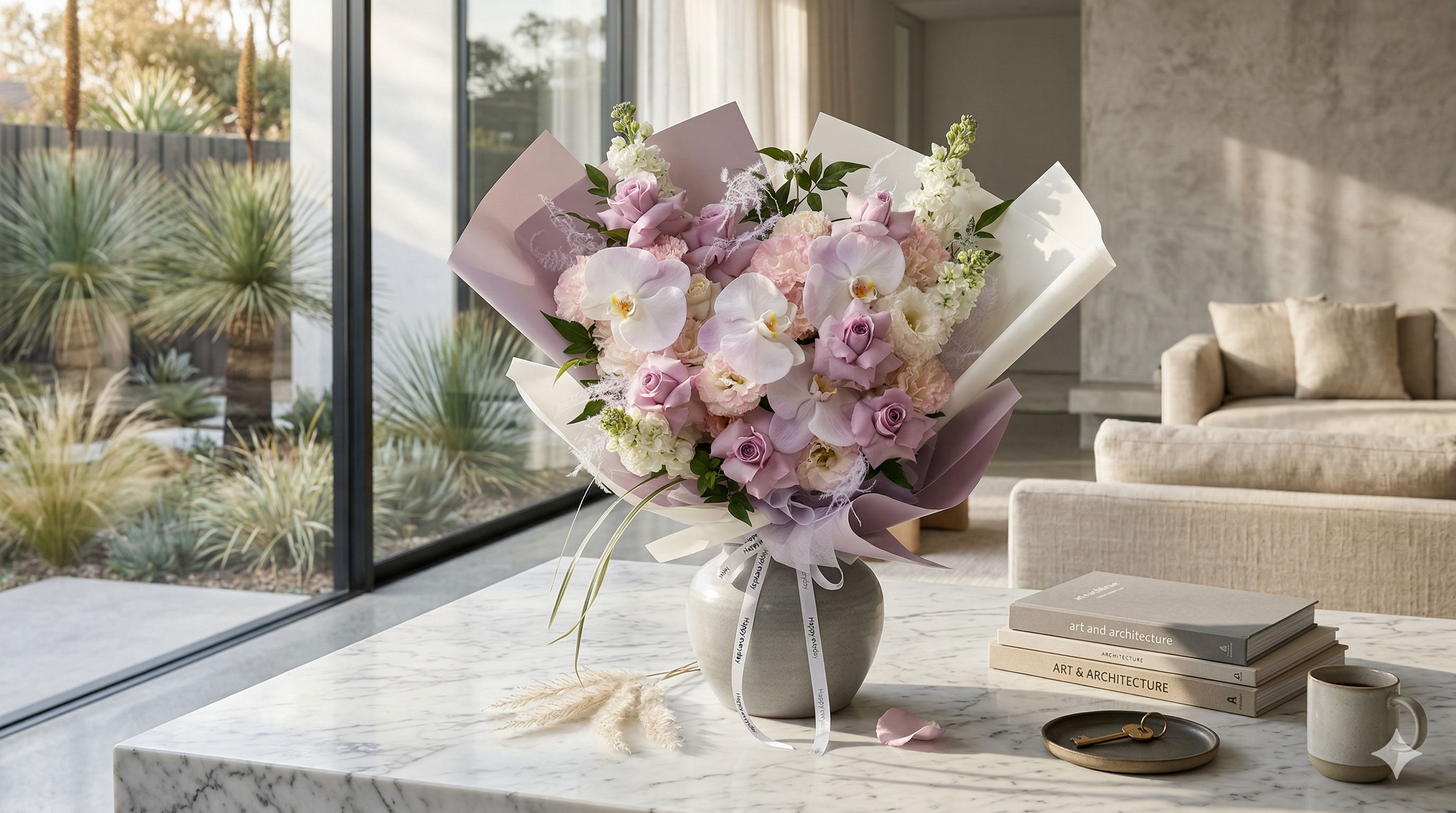 Bouquet of flowers on a table in a modern living room