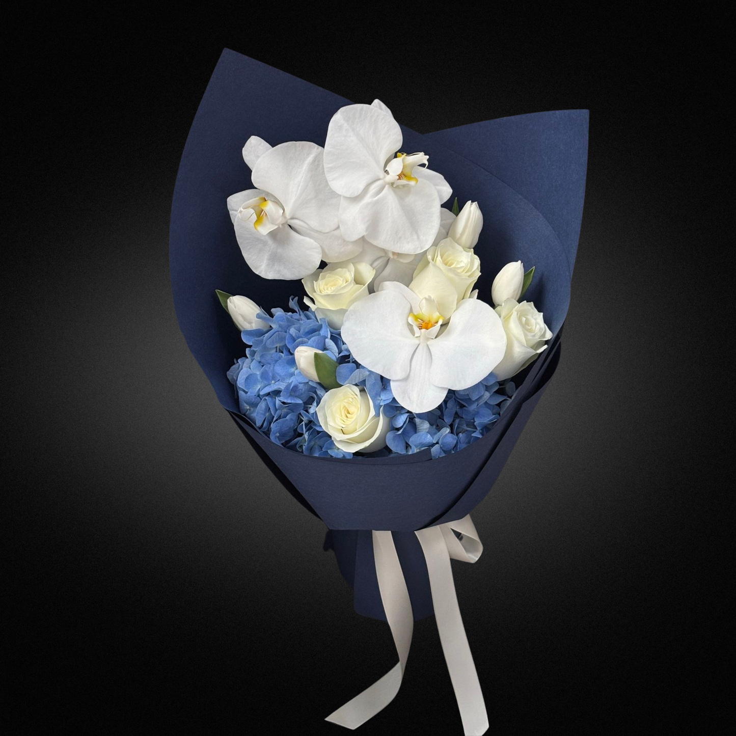 Ocean Blues Phalaenopsis, Rose & Hydrangea Arrangement - Vase Included