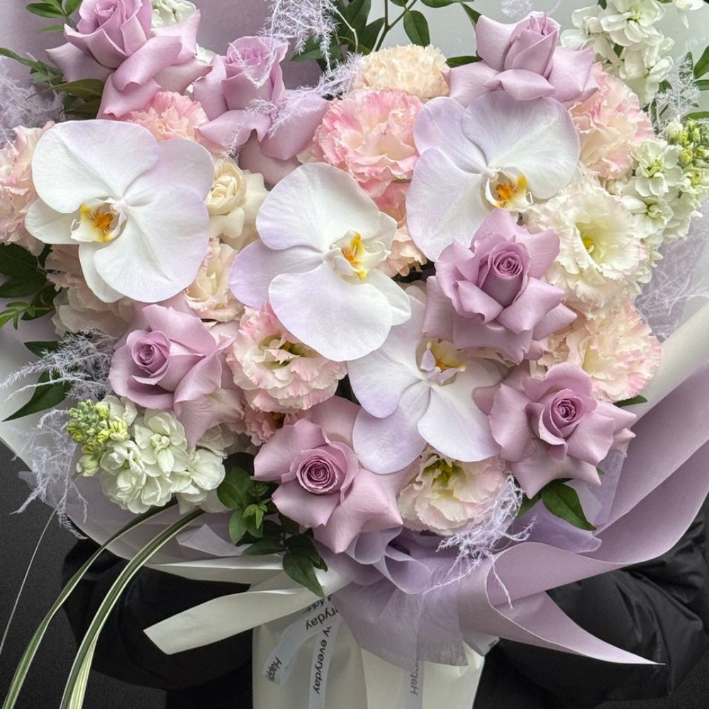 Phalaenopsis, Rose & Lisianthus Bouquet - Mixed Pastels - Vase Included | FLOWER SHED Brisbane
