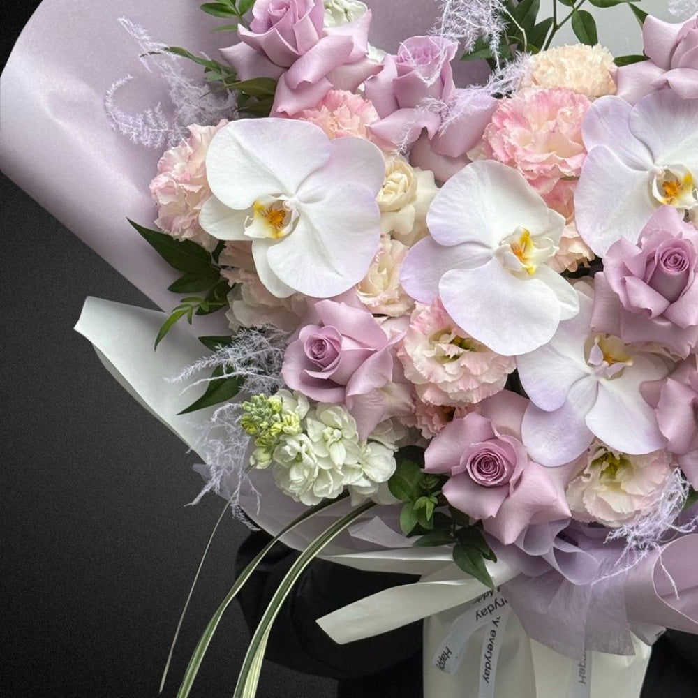 Phalaenopsis, Rose & Lisianthus Bouquet - Mixed Pastels - Vase Included | FLOWER SHED Brisbane