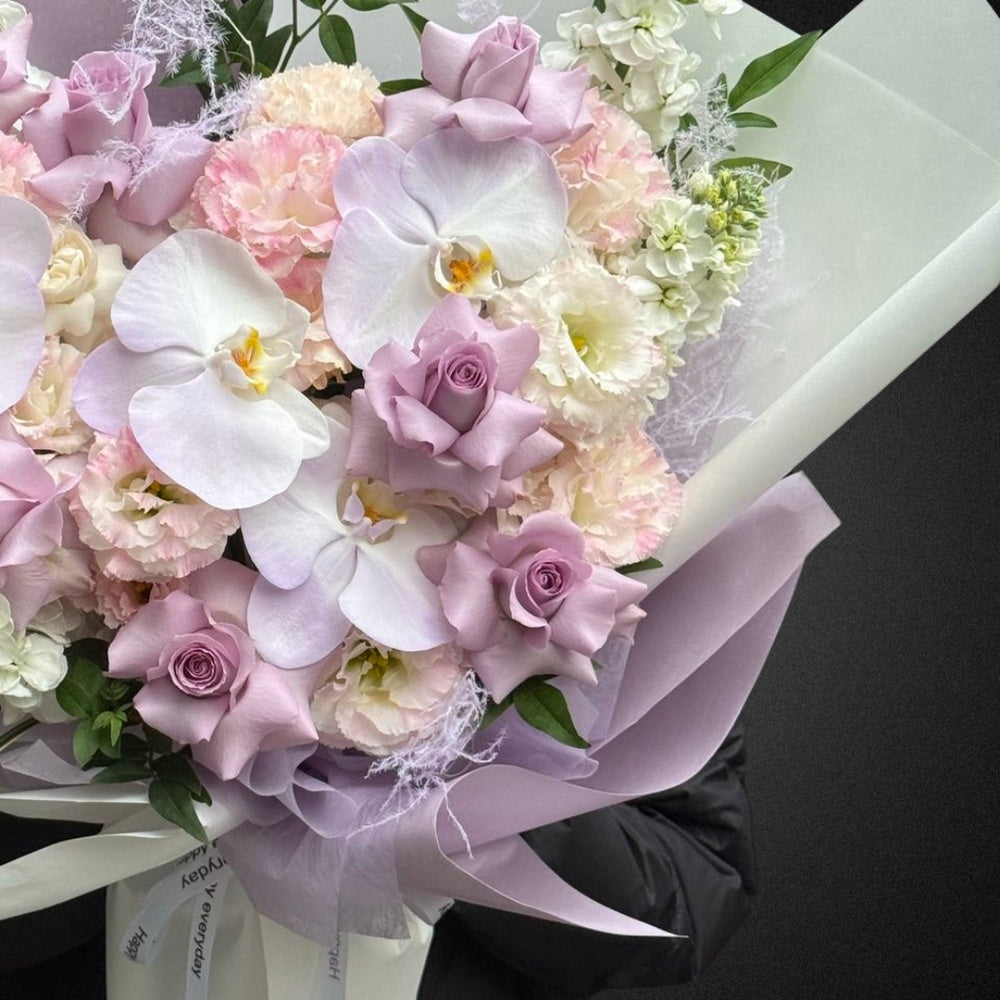 Phalaenopsis, Rose & Lisianthus Bouquet - Mixed Pastels - Vase Included | FLOWER SHED Brisbane