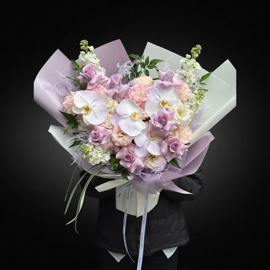 Phalaenopsis, Rose & Lisianthus Bouquet - Mixed Pastels - Vase Included | FLOWER SHED Brisbane