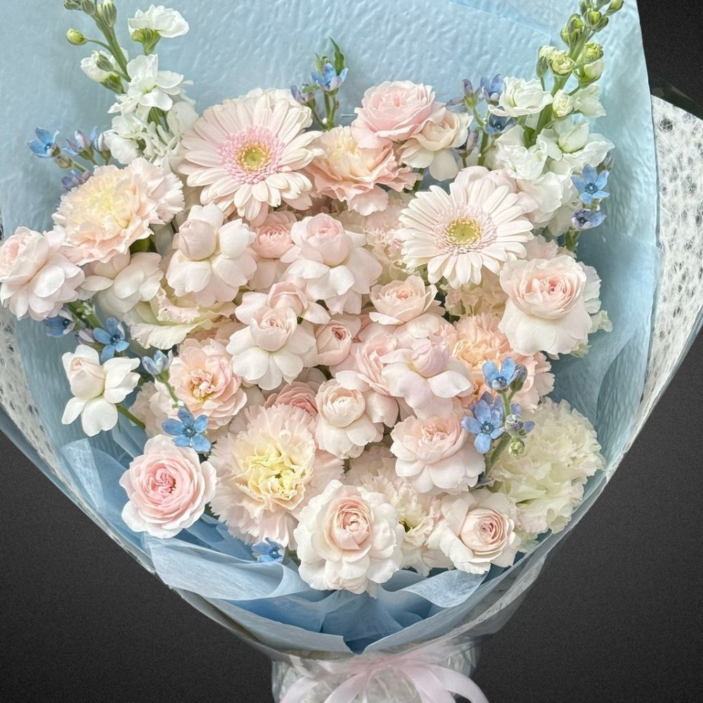 Mixed Pastels Rose, Carnation & Stock Bouquet - Vase Included by FLOWER SHED Brisbane