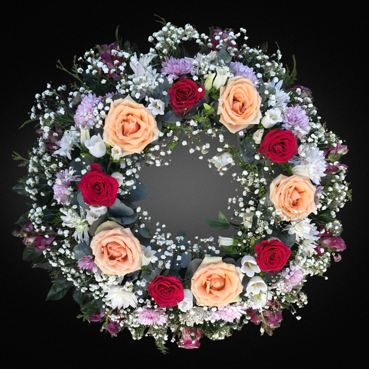 Handmade Everlasting Wreath: Rose, Chrysanthemum & Lisianthus – Mixed Brights