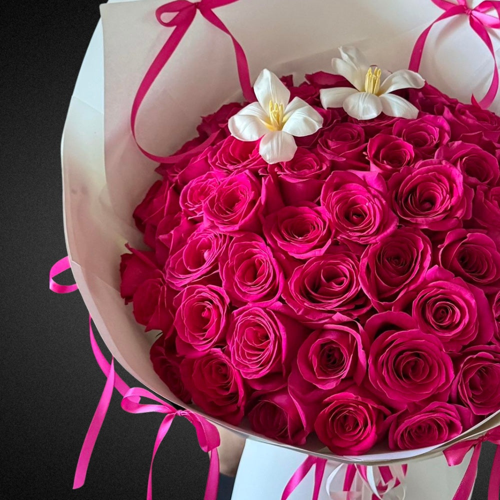 The Rose & Lily Bouquet | Hot Pink & Magenta - Vase Included | FLOWER SHED Brisbane