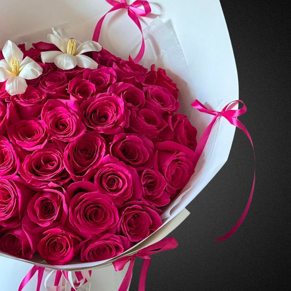 The Rose & Lily Bouquet | Hot Pink & Magenta - Vase Included | FLOWER SHED Brisbane