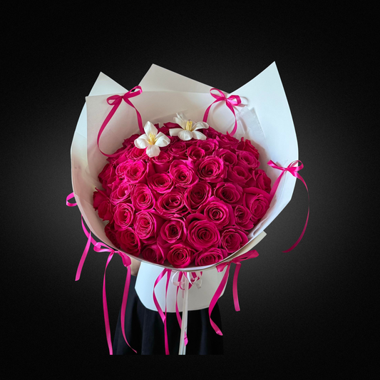The Rose & Lily Bouquet | Hot Pink & Magenta - Vase Included | FLOWER SHED Brisbane