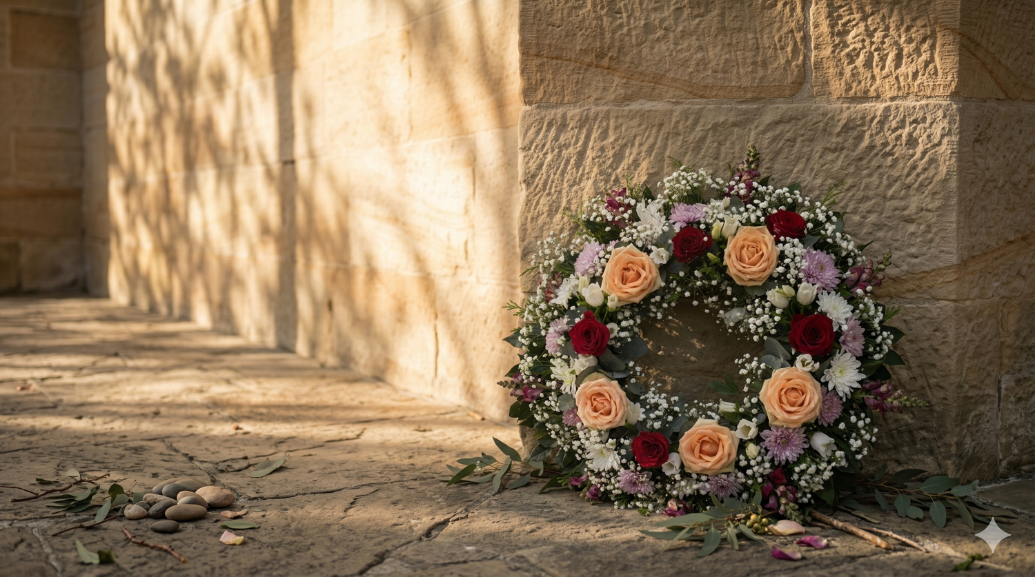 Anzac Floral wreath on a stone wall