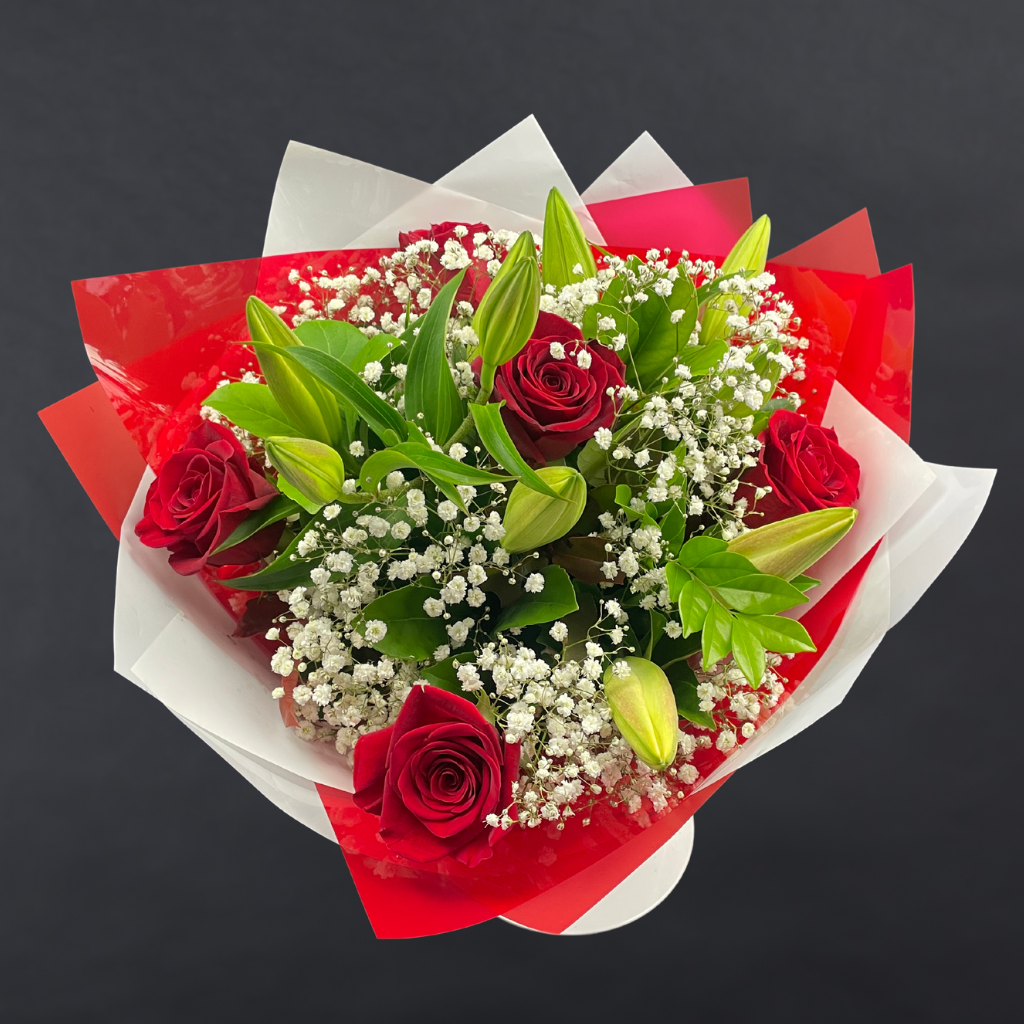 Columbia Red Roses Elegant Columbia Roses With Oriental Lilies Collection- RED - 5 STEMS ...
