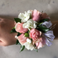 Corsage With Pink & White Premium Mini Roses + Gypsophila + Greenery + Ribbon Bow